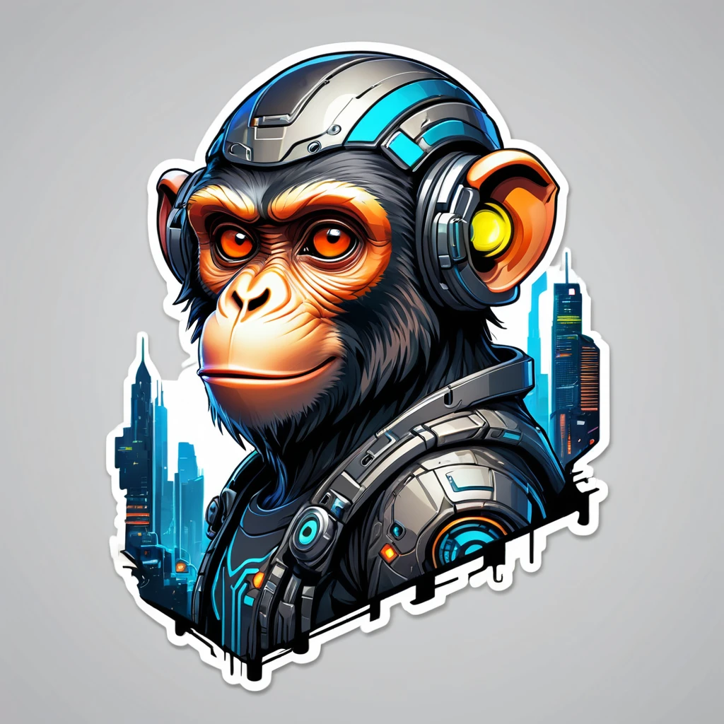A futuristic monkey figure, with lights in eyes, surrounded by vibraprint ready vector t-shirt design, cyberpunk monkey illustration, side view, sticker, clean white background, professional vector, high detail, t-shirt design, graffiti, vibrant nt futuristic cityscape.A futuristic monkey figure, with lights in eyes, surrounded by vibraprint ready vector t-shirt design, cyberpunk monkey illustration, side view, sticker, clean white background, professional vector, high detail, t-shirt design, graffiti, vibrant nt futuristic cityscape.