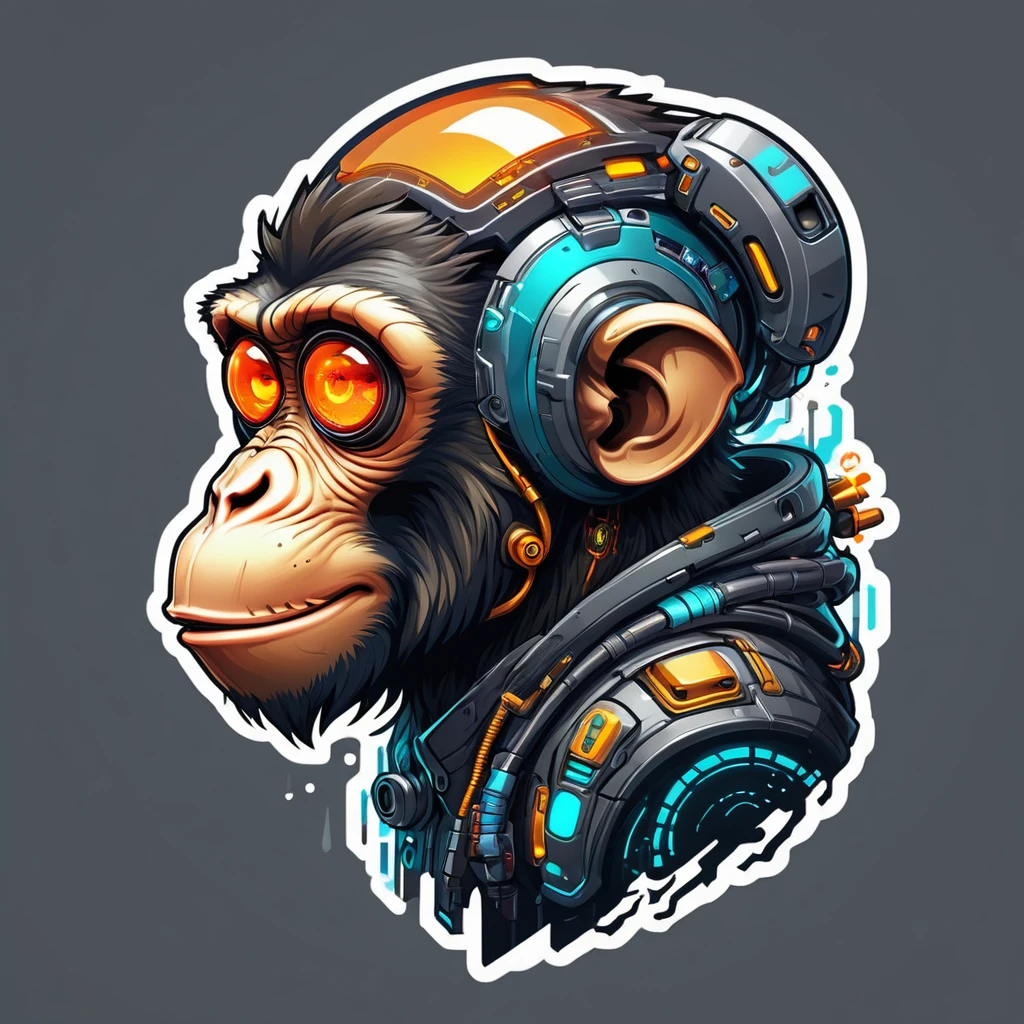 A futuristic monkey figure, with lights in eyes, surrounded by vibraprint ready vector t-shirt design, cyberpunk monkey illustration, side view, sticker, clean white background, professional vector, high detail, t-shirt design, graffiti, vibrant nt futuristic cityscape.A futuristic monkey figure, with lights in eyes, surrounded by vibraprint ready vector t-shirt design, cyberpunk monkey illustration, side view, sticker, clean white background, professional vector, high detail, t-shirt design, graffiti, vibrant nt futuristic cityscape.