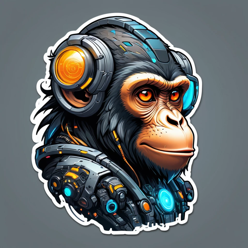 A futuristic monkey figure, with lights in eyes, surrounded by vibraprint ready vector t-shirt design, cyberpunk monkey illustration, side view, sticker, clean white background, professional vector, high detail, t-shirt design, graffiti, vibrant nt futuristic cityscape.A futuristic monkey figure, with lights in eyes, surrounded by vibraprint ready vector t-shirt design, cyberpunk monkey illustration, side view, sticker, clean white background, professional vector, high detail, t-shirt design, graffiti, vibrant nt futuristic cityscape.
