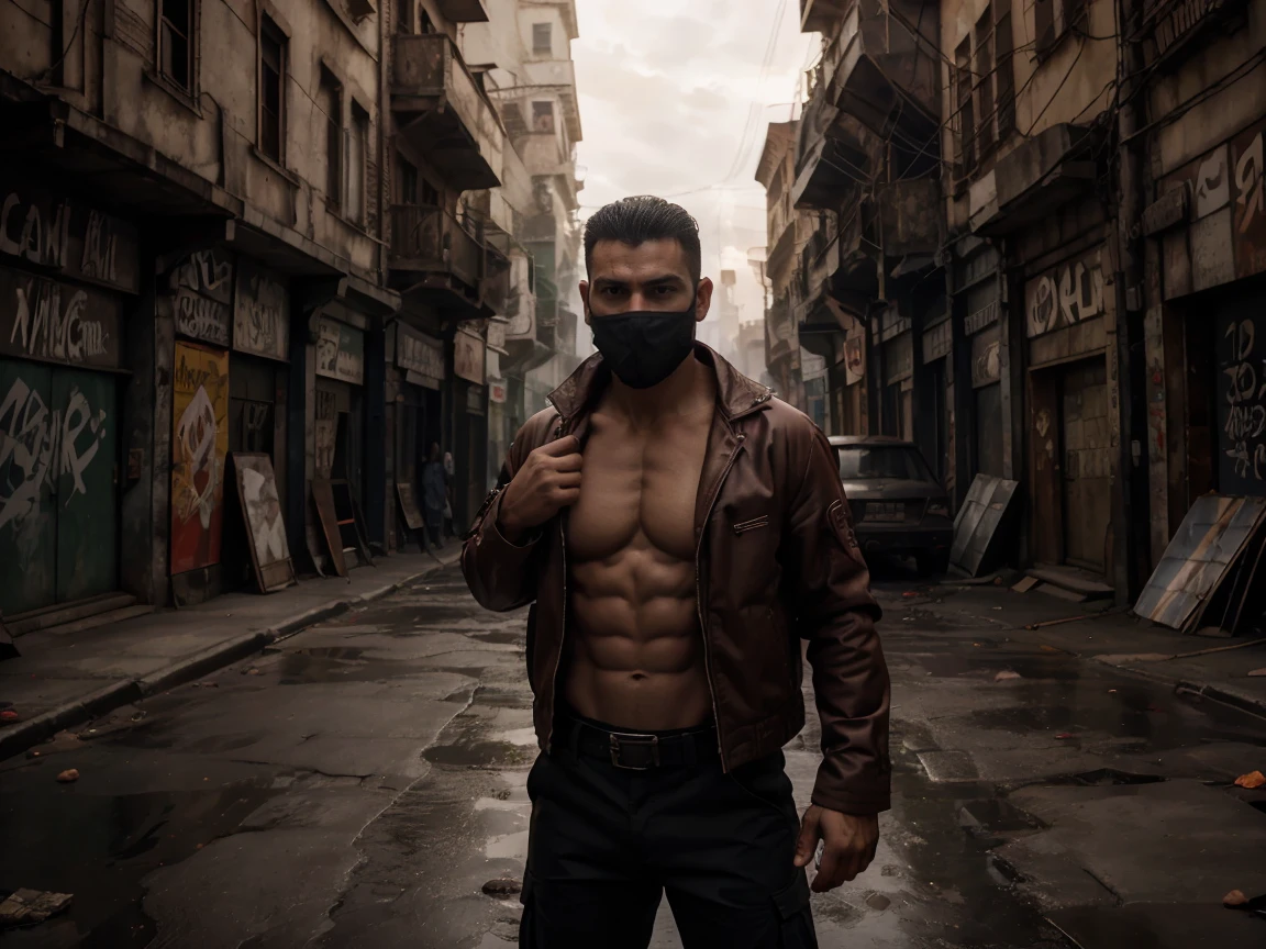 Wearing an open jacket, The jacket has red cuffs, and the character is wearing dark pants, Their face is partially covered with a skull mask, giving them a mysterious and threatening appearance. The lighting is dim, adding to the dark and enigmatic atmosphere, fighting pose, un hombre muy musculoso, fisicoculturismo, and strong constitution, He has a well-defined jaw and a serious expression, doesn't look at the camera, Su piel es clara, y tiene barba corta, karateka, pants, chaqueta gruesa abierta mostrando su torso bien definido, hermoso rostro,lleno de luz,Una mirada decidida, corte militar, ruso, apocalyptic city background, luchando contra zombies, punches against zombies, torso peludo, cara mirando a otro lado, no background vacío, dinamic pose