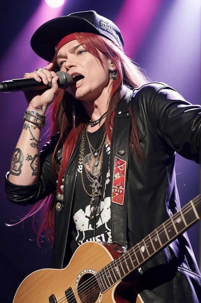 Axl Rose misturado a um animal axolote cantando no palco