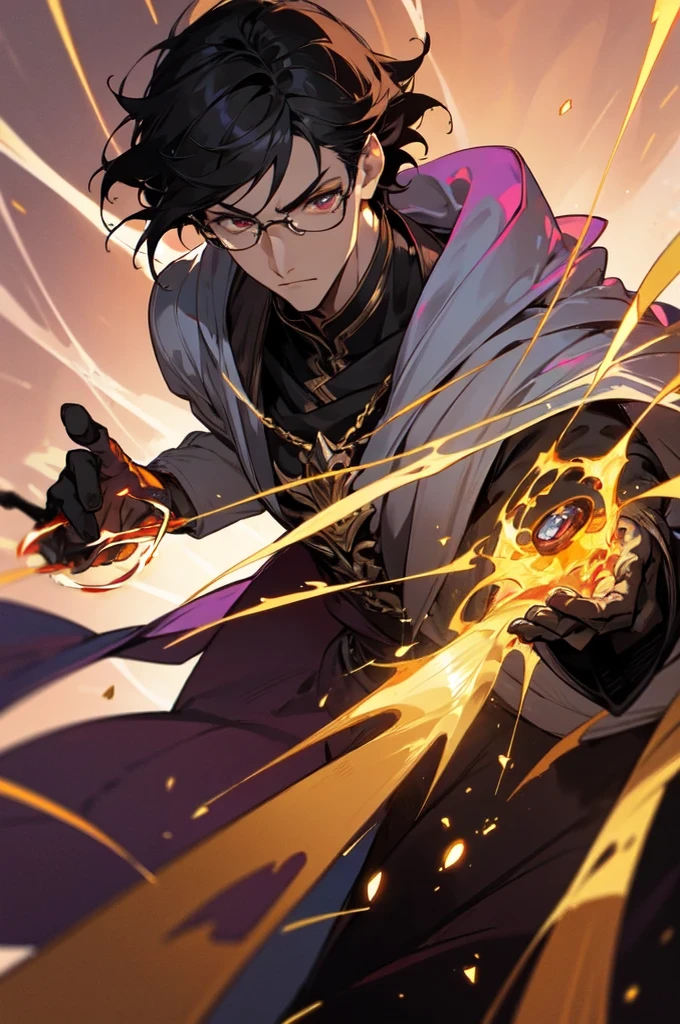 masterpiece, best quality, 1 male, young, tall muscular, handsome, finely detailed eyes, intricate details, black hair, short hair, evil face, solo, upper body, detailed dark shadow background, detailed face, good sorcerer, color magical robes, determined expression, white color scheme, dark crimson light, glowing magical runes, realistic lighting, floating particles, sparks, surrounded by gold lightning red arcane symbols, corrupted by eldritch power, bloom, glasses, gloves