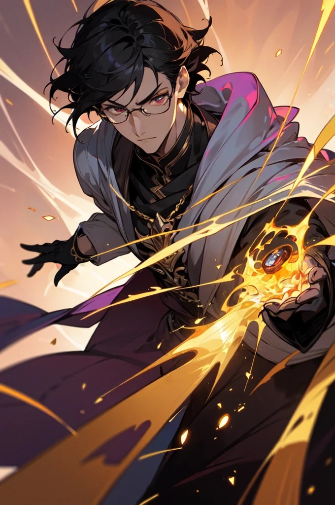 masterpiece, best quality, 1 male, young, tall muscular, handsome, finely detailed eyes, intricate details, black hair, short hair, evil face, solo, upper body, detailed dark shadow background, detailed face, good sorcerer, color magical robes, determined expression, white color scheme, dark crimson light, glowing magical runes, realistic lighting, floating particles, sparks, surrounded by gold lightning red arcane symbols, corrupted by eldritch power, bloom, glasses, gloves