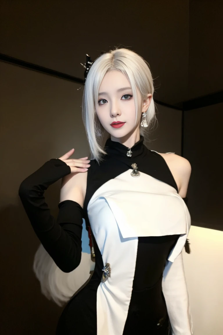 best quality, tmasterpiece,Ultra-high resolution,Clear face,(Reality:1.4),ferpect lighting,(upper body shot:1.5), (photorealistic:1.50), anime wallpaper, Guviz style artwork, cover-up fantasy up to magic , by Yang J, Guviz, beautiful artwork illustration, beautiful digital artwork, beautiful digital illustration, Li Song, beautiful anime portrait, art style in Beauvot, 1 girl, solo, pale skin, perfect body, shiny skin, killer, shenhe \(genshin impact\), (hair above one eye), long hair, tassels, gloves, (maid dress), tassel earrings, (close photo -up: 1.1), (super giant breasts), (arms behind back), white hair, (hair ornament), (hair ornament), (black sexy dress),(black dress:1.5)