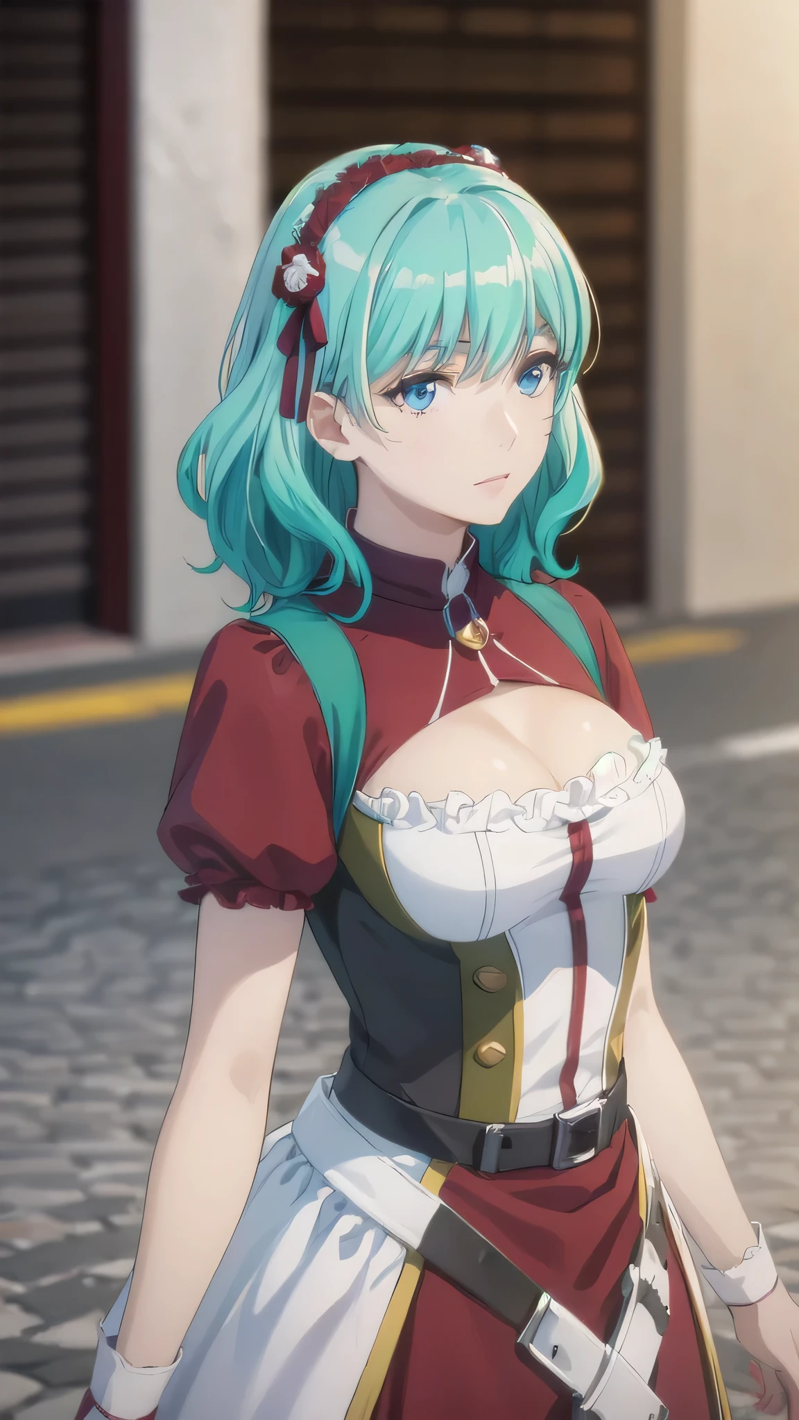 aqua hair, medium hair, blue eyes,photorealistic, (4k), (upper body), depth of field, (Masterpiece), (realistic skin texture), highly detailed, intricate, highly detailed, (upper body), professional photography, cover-up, bokeh, high resolution, sharp details, best quality,full body,((red dress))