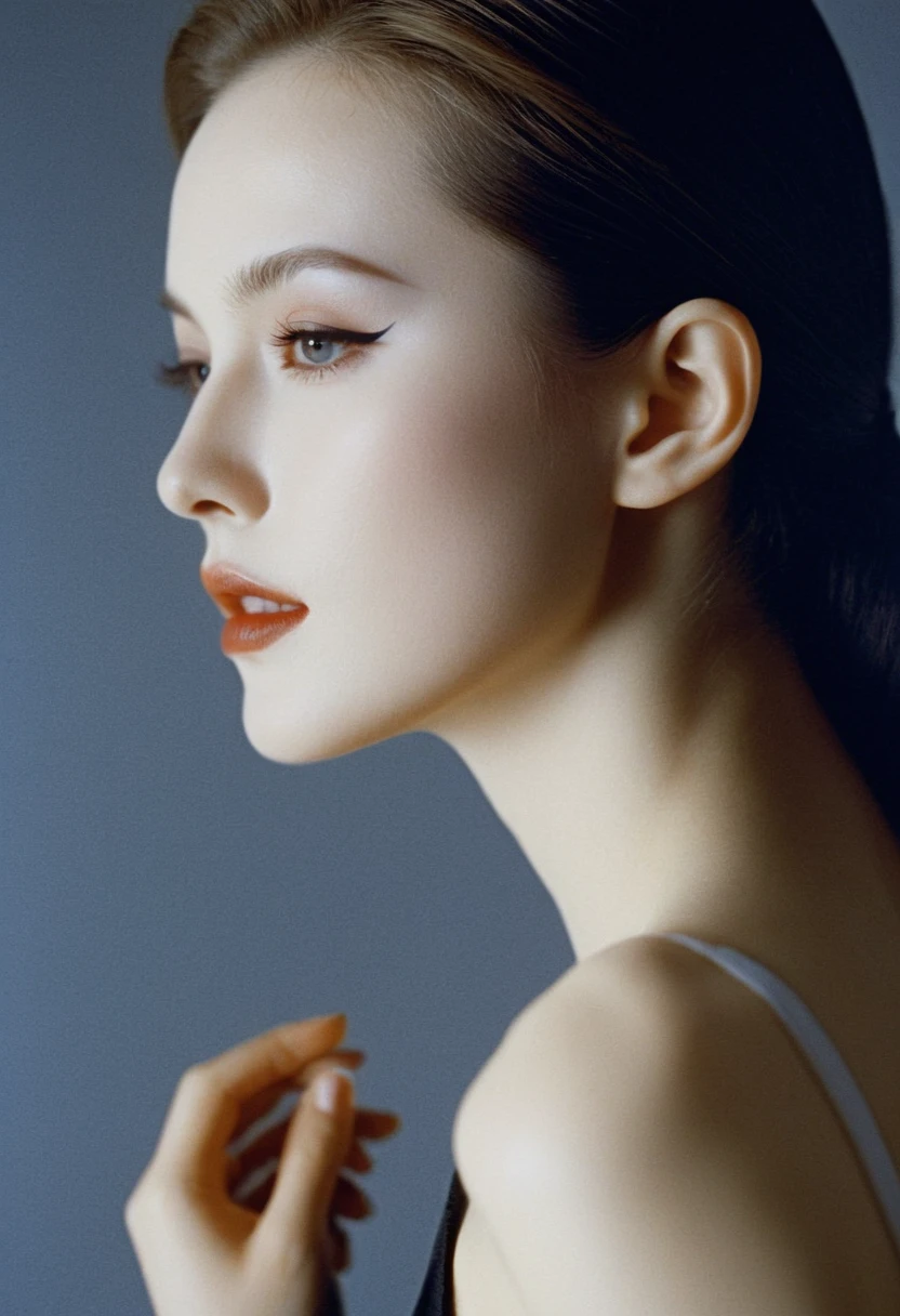 Photograph by Serge Lutens (1.8), pale skin, ((evil slavic woman)), long dark blond hair, in profile, wide angle dim atmosphere, stunning, modern, dark, clean, artsy indoor surrounding, casting a dreamlike atmosphere eyes reflect some light, Shiseido-style Vogue-Style 1990s style and setting Various gentle half body poses and angles Consistent facial and body features Photorealistic and highly detailed Artistic and evocative High-quality finish Ensuring vibrant, detailed features Technical details: wide angle lens Selective focus with Kodak film effect: 1.2 Shallow depths of field
