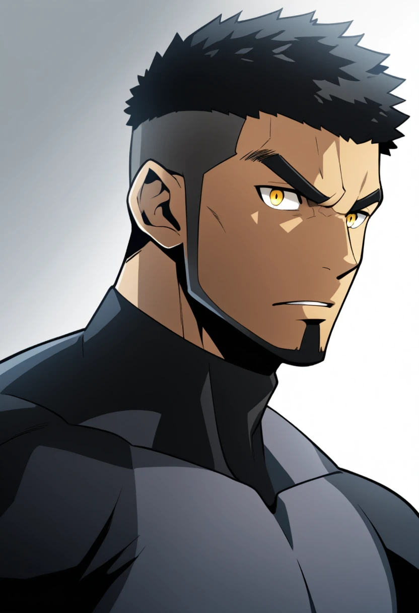one negro, anime characters:Gyee, Hibino Kafka, One Muscle Sports Student, negro black skin, Very Black, muscular tough guy, Manliness, male focus, Grey long sleeve turtleneck tight t-shirt, Regular symmetrical pattern, Very tight, muscular male, muscular, only, Upper body, alone, Black short hair, Thick eyebrows, stubble, Yellow eyes, White background, simple background, amazing quality, best aesthetics, Ridiculous, bright pupils, crew cut, parted lips, v-shaped eyebrows, jitome, best quality