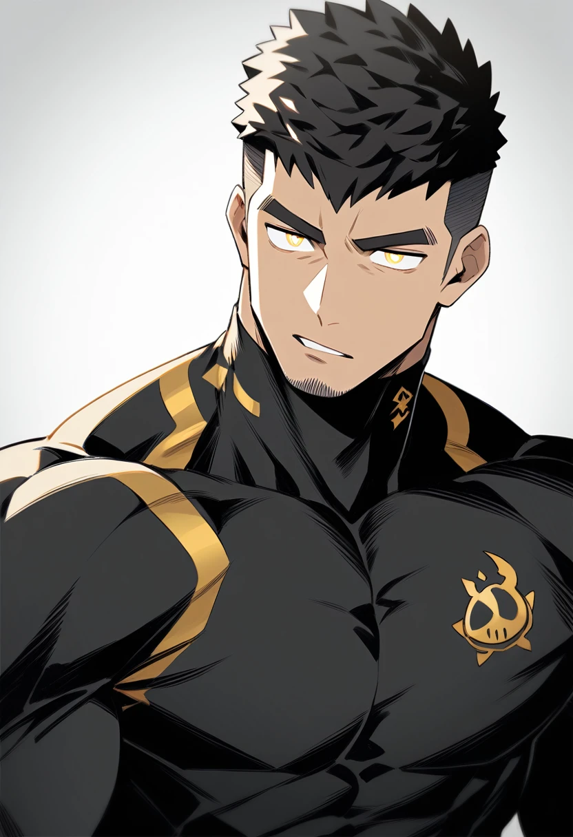 one negro, anime characters：Gyee, Hibino Kafka, One Muscle Sports Student, negro black skin, Very Black, muscular tough guy, Manliness, male focus, Grey long sleeve turtleneck tight t-shirt, Regular symmetrical pattern, Very tight, muscular male, muscular, only, Upper body, alone, Black short hair, Thick eyebrows, stubble, Yellow eyes, White background, simple background, amazing quality, best aesthetics, Ridiculous, bright pupils, crew cut, parted lips, v-shaped eyebrows, jitome, best quality