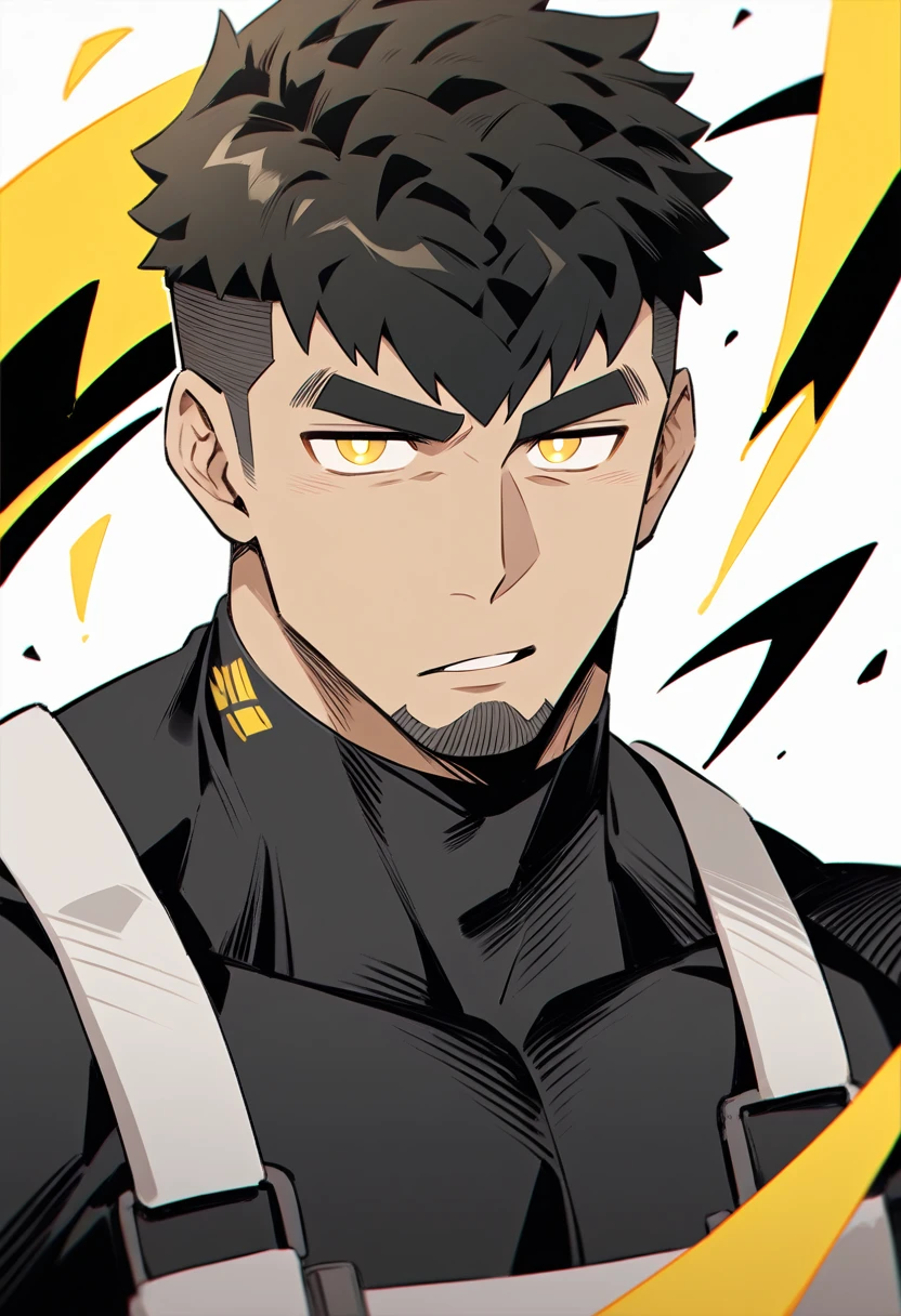 one negro, anime characters:Gyee, Hibino Kafka, One Muscle Sports Student, negro black skin, Very Black, muscular tough guy, Manliness, male focus, Grey long sleeve turtleneck tight t-shirt, Regular symmetrical pattern, Very tight, muscular male, muscular, only, Upper body, alone, Black short hair, Thick eyebrows, stubble, Yellow eyes, White background, simple background, amazing quality, best aesthetics, Ridiculous, bright pupils, crew cut, parted lips, v-shaped eyebrows, jitome, best quality