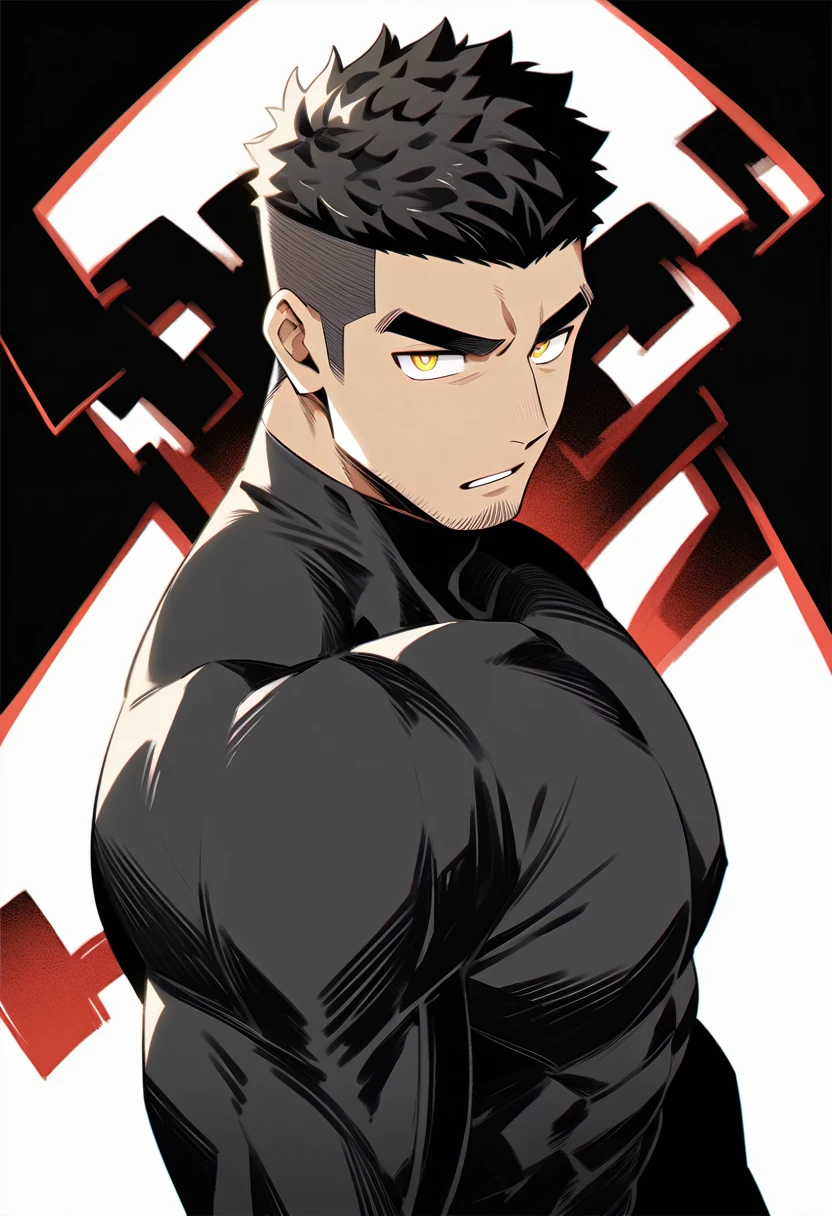 one negro, anime characters：Gyee, Hibino Kafka, One Muscle Sports Student, negro black skin, Very Black, muscular tough guy, Manliness, male focus, Grey long sleeve turtleneck tight t-shirt, Regular symmetrical pattern, Very tight, muscular male, muscular, only, Upper body, alone, Black short hair, Thick eyebrows, stubble, Yellow eyes, White background, simple background, amazing quality, best aesthetics, Ridiculous, bright pupils, crew cut, parted lips, v-shaped eyebrows, jitome, best quality