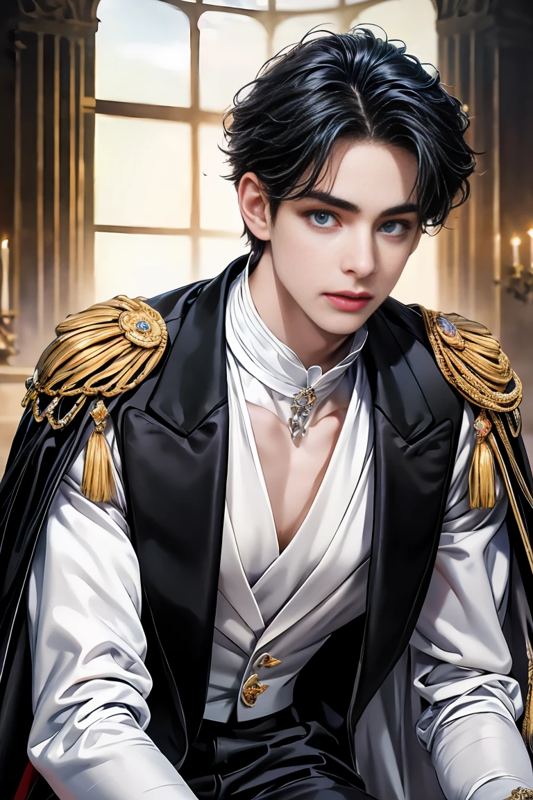 
masterpiece, 最high quality, high quality, 1 boy, alone, Male focus, Watching the audience,  Messy black hair, Adorable big blue eyes, White people, Noble, Noble,Sexy voluminous cape、Tuxedo、A very voluminous, large, very large, very large, long, long red and black cape with a high stand-up collar, reaching down to the floor, made of a lot of fabric., 17 years old,Cute beautiful boys,Cute, cute, kind, handsome guy