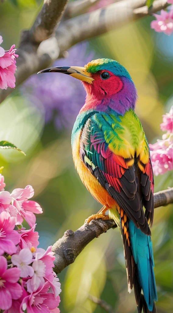colorful bird perched on a branch of a tree with pink flowers, lindo e colorido, colorful birds, lindo colorido, colorful bird with a long, foto hd colorida, Muito colorido, altamente colorido, muito colorido, imagem colorida, Maravilhosamente colorido, vibrante e colorido, rico colorido, Natureza bela, EXTREMAMENTE COLORIDO, colorido e vibrante, vivid and colorful, lindas cores vibrantes