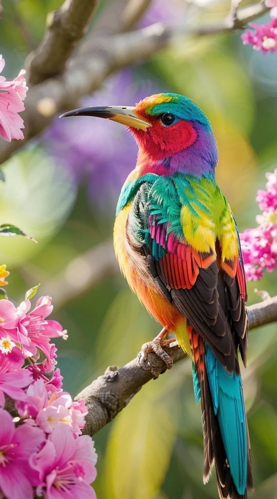 colorful bird perched on a branch of a tree with pink flowers, lindo e colorido, colorful birds, lindo colorido, colorful bird with a long, foto hd colorida, Muito colorido, altamente colorido, muito colorido, imagem colorida, Maravilhosamente colorido, vibrante e colorido, rico colorido, Natureza bela, EXTREMAMENTE COLORIDO, colorido e vibrante, vivid and colorful, lindas cores vibrantes