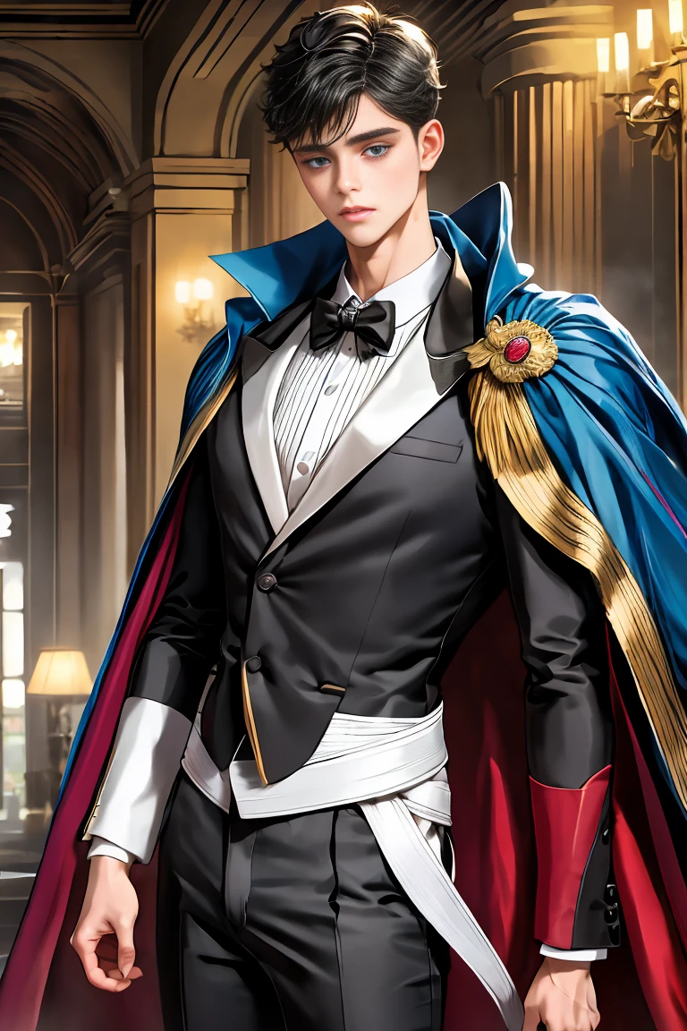 
masterpiece, 最high quality, high quality, 1 boy, alone, Male focus, Watching the audience,  Messy black hair, Adorable big blue eyes, White people, Noble, Noble,Sexy voluminous cape、Tuxedo、A very voluminous, large, very large, very large, long, long red and black cape with a high stand-up collar, reaching down to the floor, made of a lot of fabric., 17 years old,Cute beautiful boys,Cute, cute, kind, handsome guy