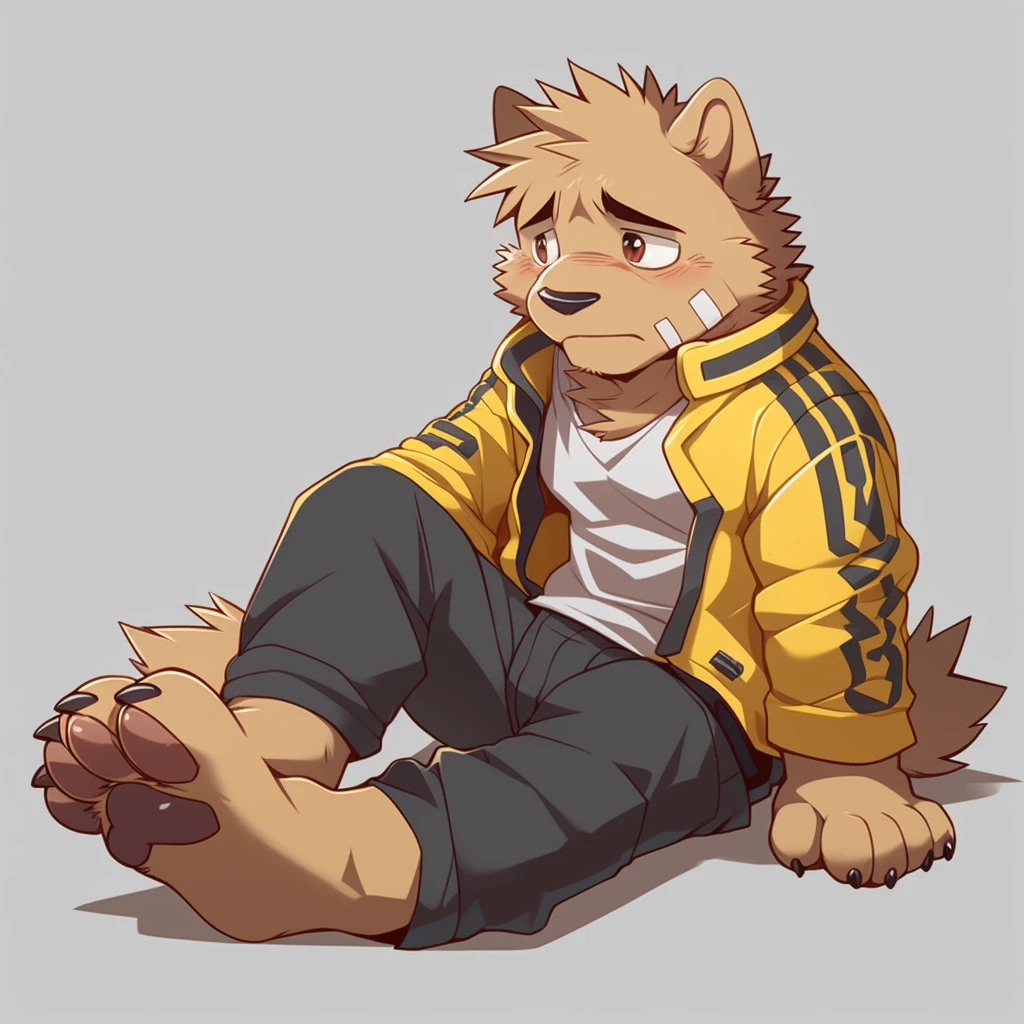 wetdogs, sitting, canid, canine, (band-aid:1.2), blush, mammal, anthro, male, solo, tail, 5 fingers, 4 toes, pawpads, toe curl, claws, brown eyes, (yellow jacket, open clothing:1.2), black pants, sad, yellow fur, (chibi,cute,cub,young:1.3), by bogexboog, by zixiong, by takemoto arashi, detailed eyes, 