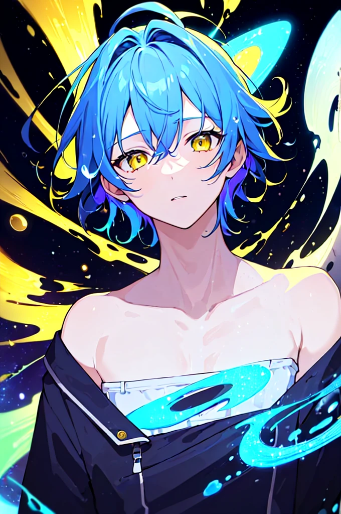 [(BLACK BACKGROUND:1.5),::5], ((((masterpiece)))), high quality, very_high_resolution, large_filesize, upper body, full color, ((Solo)), ((younger boy)), 13 old year, short deepblue hair, vivid color, ((yellow eye)), Summer clothes white, animestyle, ((GALAXY effect)), (NeonSoda Splash effect:1.3)