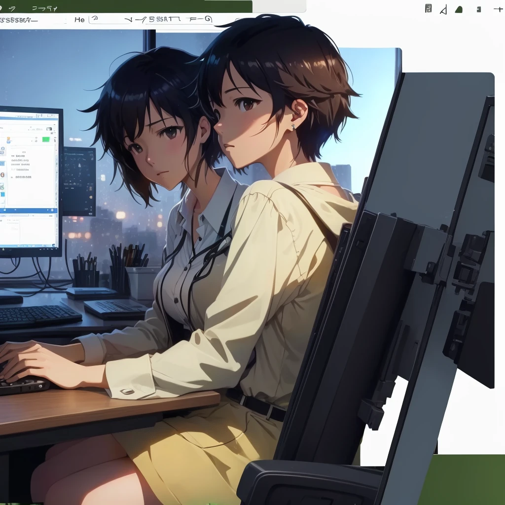 Close-up of a person sitting at a desk with a computer screen, Lo-fi Girl, ( ( makoto shinkai ) ), Anime Style. 8k, Screenshots from YouTube videos, in Makoto Shinkai's Style, Lo-fi art style, mokoto shinkai, Japanese animation style, Makoto Shinkai style, Makoto Shinkai's Style