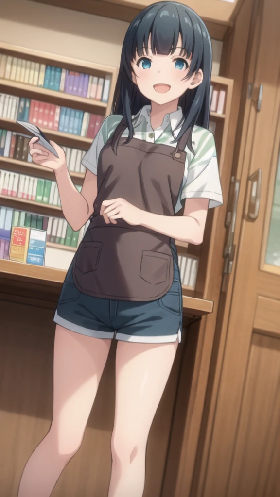 Highest quality, (masterpiece:1.2), Very detailed,
indoor, Bookshelf,
takasago tomoe,
One girl, alone, Are standing, Looking at the audience, Open your mouth, smile,
Black Hair, Long Hair, blue eyes,
Black shorts, Collared shirt, Short sleeve, Green Shirt, Striped, Brown apron,white lace panties,