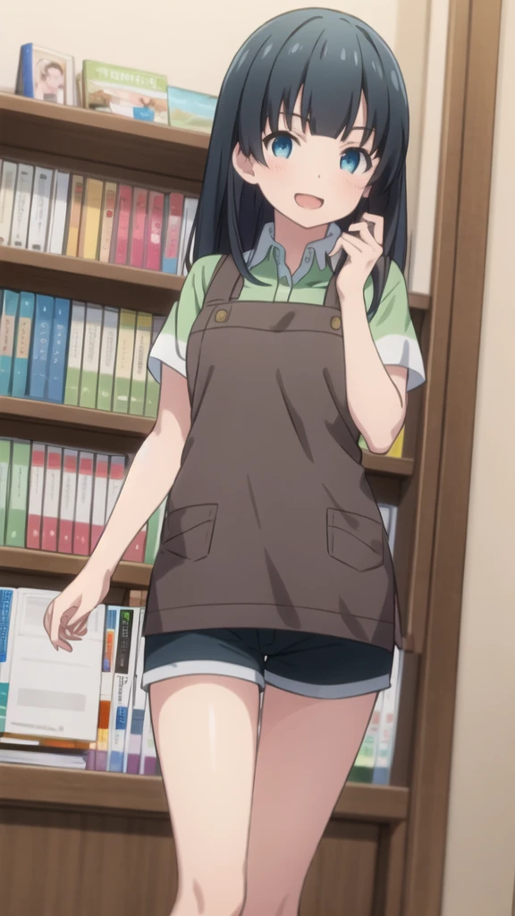 Highest quality, (masterpiece:1.2), Very detailed,
indoor, Bookshelf,
takasago tomoe,
One girl, alone, Are standing, Looking at the audience, Open your mouth, smile,
Black Hair, Long Hair, blue eyes,
Black shorts, Collared shirt, Short sleeve, Green Shirt, Striped, Brown apron,white lace panties,
