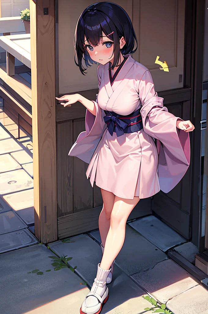 Japnese girl,with moderate ,in the school,blushing,ponting to you,wet