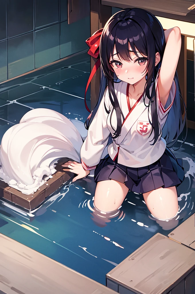 Japnese girl,with moderate ,in the school,blushing,ponting to you,wet