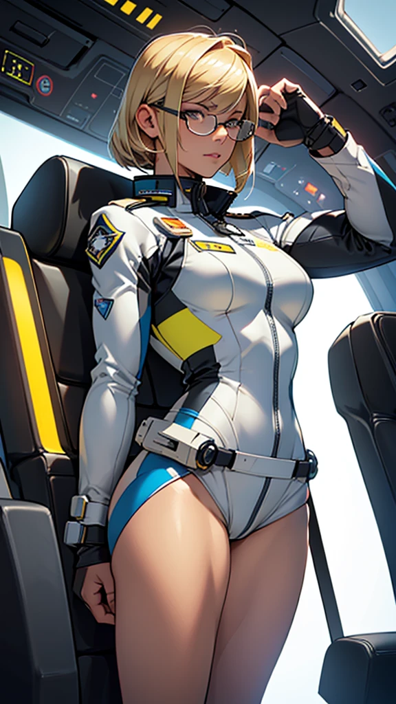 Beautiful cybernetic girl detailed muscles realistic masterpieces full figure pose (best quality,ultra-detailed), blonde hair, short bangs, glasses, fair skin, fit body, slim figure, narrow waist, large buttocks, (cocky expression), wearing pilot uniform and gear, inside a starfighter cockpit