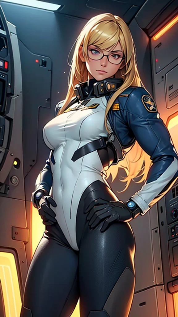 Beautiful cybernetic girl detailed muscles realistic masterpieces full figure pose (best quality,ultra-detailed), blonde hair, short bangs, glasses, fair skin, fit body, slim figure, narrow waist, large buttocks, (cocky expression), wearing pilot uniform and gear, inside a starfighter cockpit