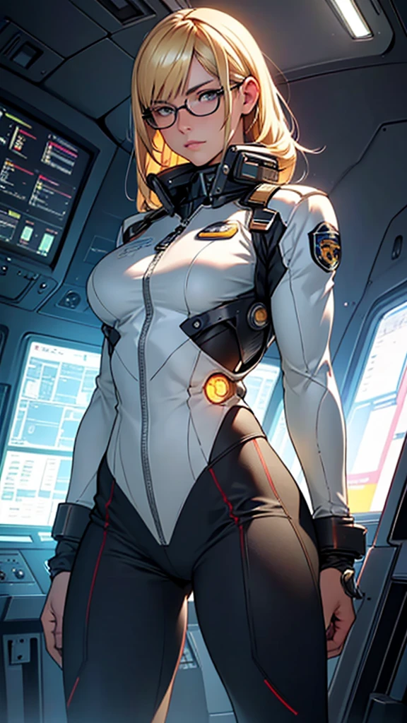 Beautiful cybernetic girl detailed muscles realistic masterpieces full figure pose (best quality,ultra-detailed), blonde hair, short bangs, glasses, fair skin, fit body, slim figure, narrow waist, large buttocks, (cocky expression), wearing pilot uniform and gear, inside a starfighter cockpit