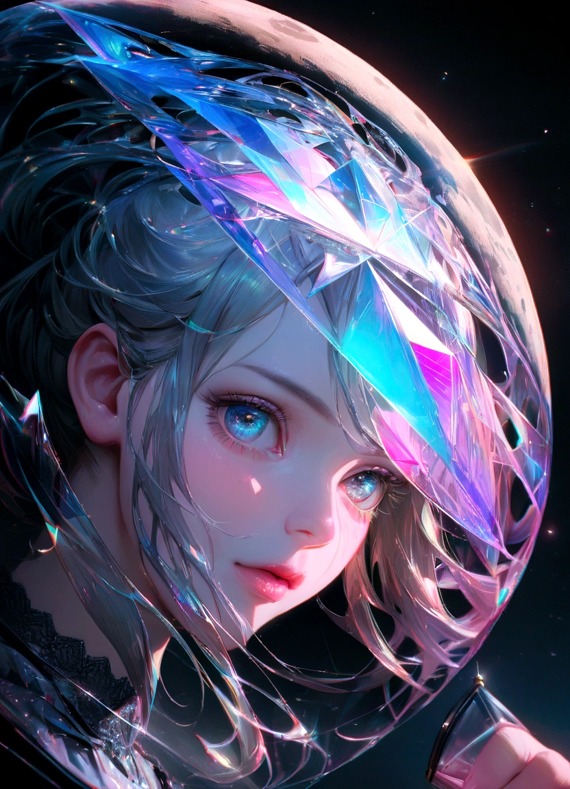 masterpiece Telephoto Shot of the moon, Transparent Transparent vinyl, ((Prismatic shape)), Holographic, chromatic aberration, 8k, ultra detailed, ((masterpiece)), (最high quality), detailed, Realistic, 8k, 4K, Ultra-high resolution, high quality, real, Accurate, Vibrant, Absurd