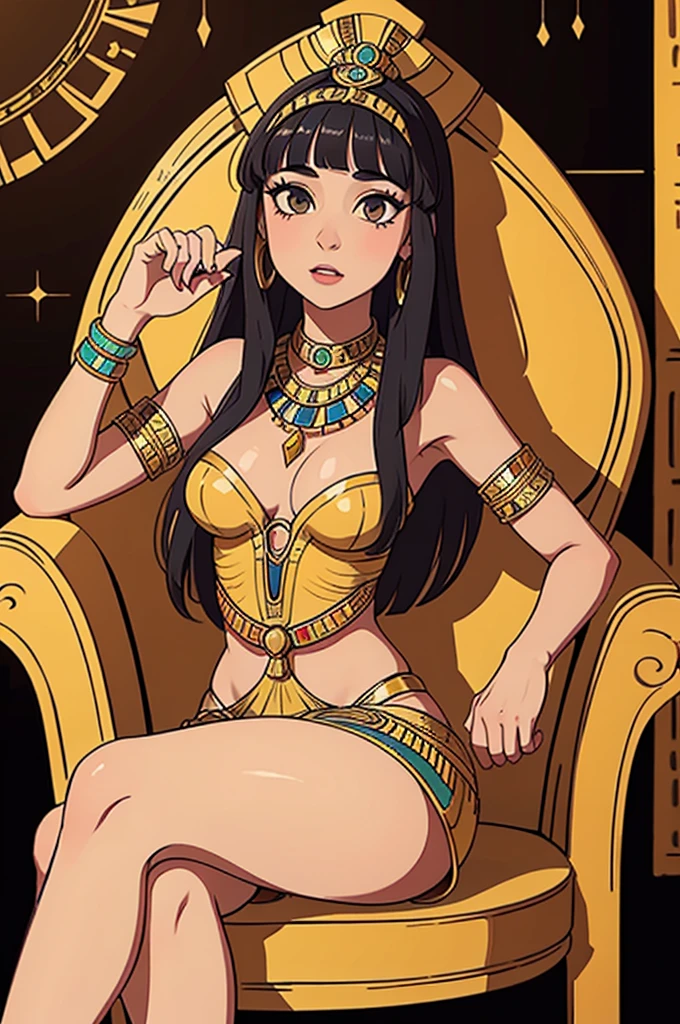 Create a full-body portrait of Nefertari, the ancient Egyptian queen. She is seated on a luxurious chair with her legs crossed, exuding elegance and authority. Nefertari has a beautiful face, adorned with traditional ancient Egyptian makeup and jewelry. She wears a finely detailed traditional Egyptian dress, showcasing her high status. The background features lush papyrus plants, enhancing the ancient Egyptian ambiance and emphasizing her royal surroundings.
