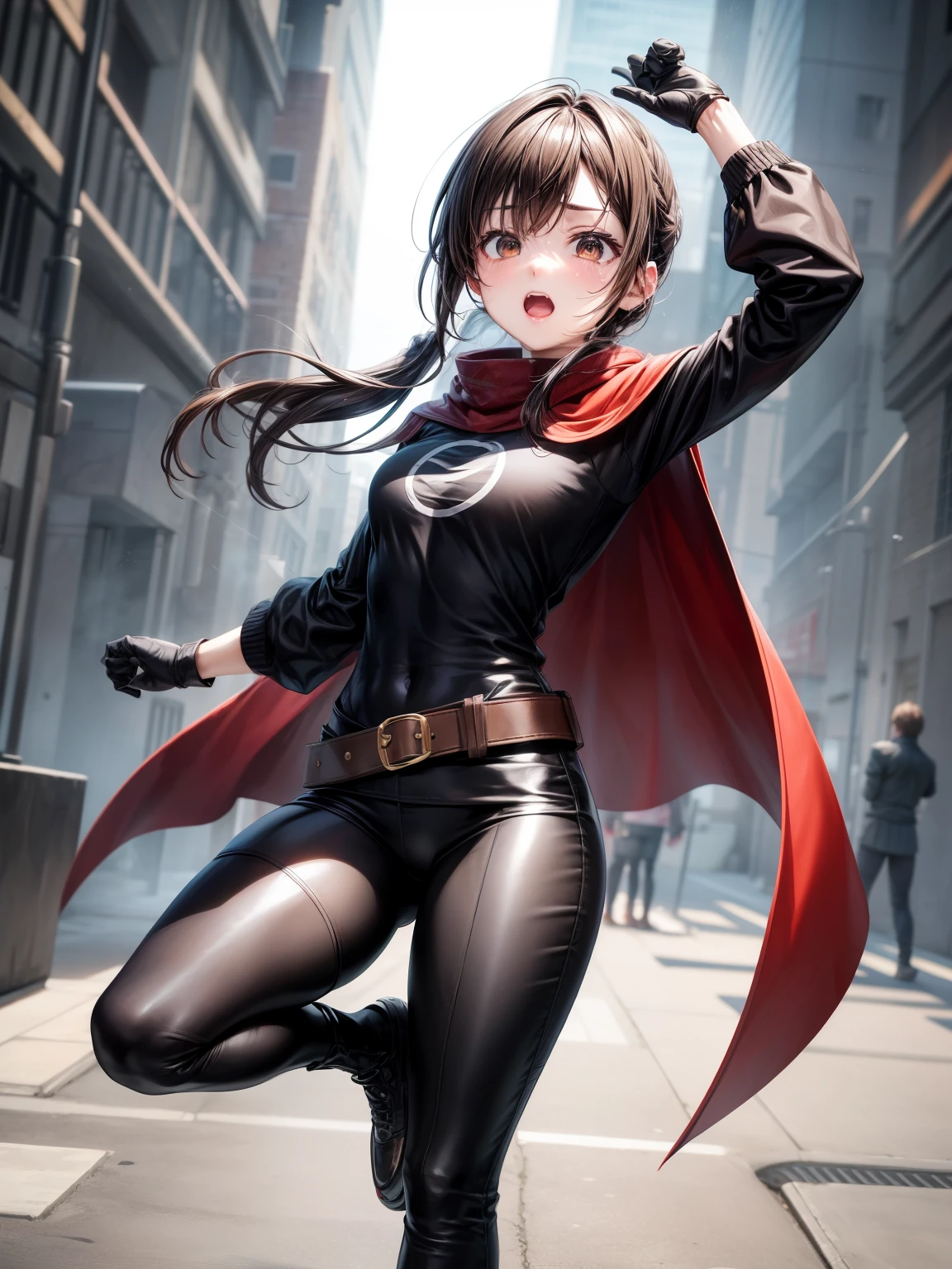 score_9、score_8_up、score_7_up、Very detailed、Photographed from the front、Look forward、Thighs above body、
break、
1boy、MGQLuka、solo、trap、trapフォーカス、Brown shirt、belt、Black Yoga Pants、Brown gloves、
Red Cape、Half-closed eyes、Sad eyebrows、Frowning、Open Mouth、Are standing、Hands on the side of the feet、Character Art、
Simple Background