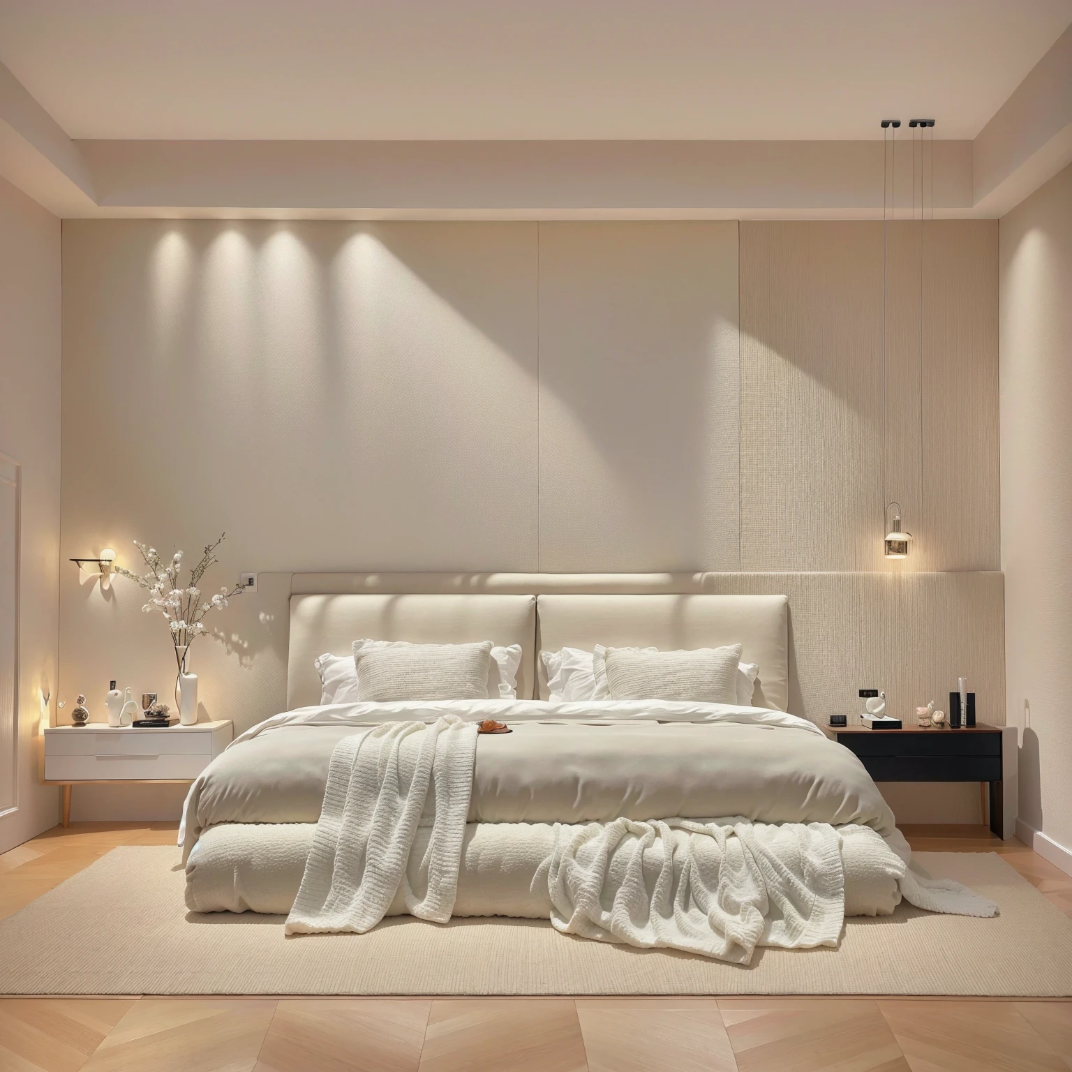 RAW photo of The bedroom becomes a showcase for exquisite works of art , masterpiece, best quality, 8k, ultra highres, In a décor style, On the wall hangs a huge oil painting, The colorful flowers exude a gorgeous fragrance in the shimmering light, On the bedside table are carefully carved crystal vases, Inside it are blooming red roses, The walls are inlaid with black glass，The shimmering light creates a mysterious and romantic atmosphere, A pair of sculptural figures stand at the end of the bed, They seem to be whispering vows of love, Every corner of this bedroom is a unique work of art like being in a dreamy art world

