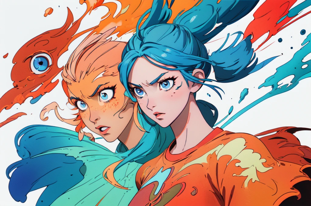 Masterpiece, best quality) Anime style illustration, character design: 1.6, T-shirt design: 1.5, featuring a woman with a radiant, fire-inspired face, expressing immense pleasure. The character is dressed in short, asymmetrical clothing, emphasizing a symmetrical facial expression.
Random coloring page: 1.7, 2D, planar vector, showcasing the design in a vibrant, fantasy art style with watercolor effect accents and colorful splashes. The illustration is set against a pristine white background, ideal for digital printing on various materials, such as T-shirts. The overall design, with its capt