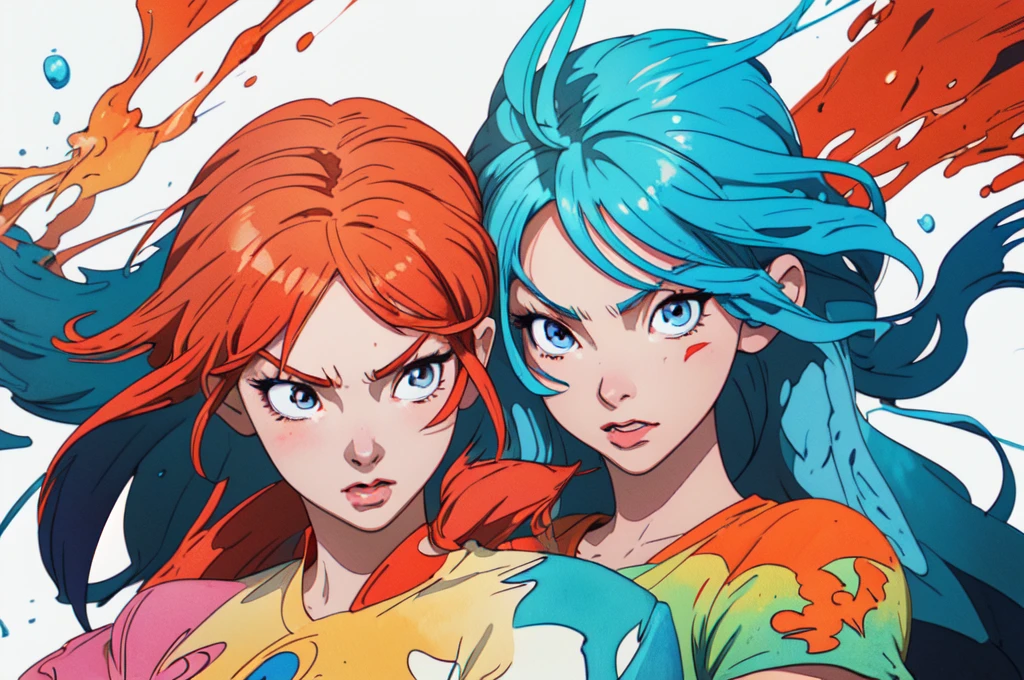 Masterpiece, best quality) Anime style illustration, character design: 1.6, T-shirt design: 1.5, featuring a woman with a radiant, fire-inspired face, expressing immense pleasure. The character is dressed in short, asymmetrical clothing, emphasizing a symmetrical facial expression.

Random coloring page: 1.7, 2D, planar vector, showcasing the design in a vibrant, fantasy art style with watercolor effect accents and colorful splashes. The illustration is set against a pristine white background, ideal for digital printing on various materials, such as T-shirts. The overall design, with its capt