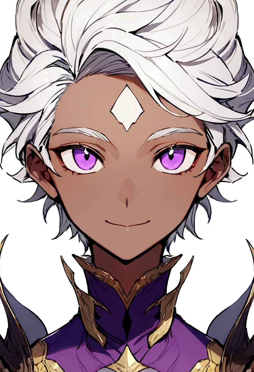 ((Highest quality)), ((masterpiece)), (((White Background))),male,(20th Generation),(Fantasy Costume),(youth),Character portrait,Gray Hair,((Front view)),(Character details),Purple Eyes,Tan Skin,There are eyes on the forehead,alone,Are standing,Silver Hair,adult,smile