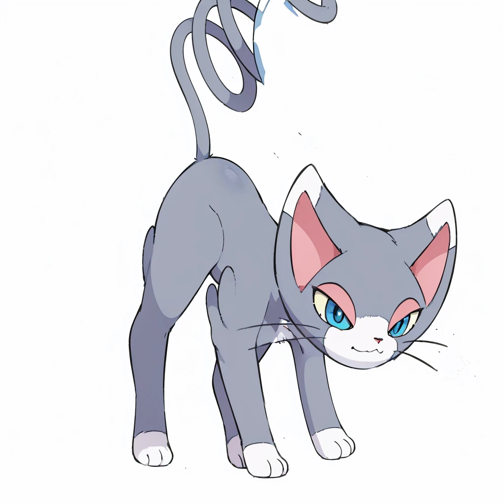 (masterpiece, best quality:1.2),solo,glameow \(pokemon\),pokemon \(creature\),full body,no humans,cat,blue eyes,grey fur,tail,city background,Redraw it in a beautiful anime style with a thin outline、Don't change the design