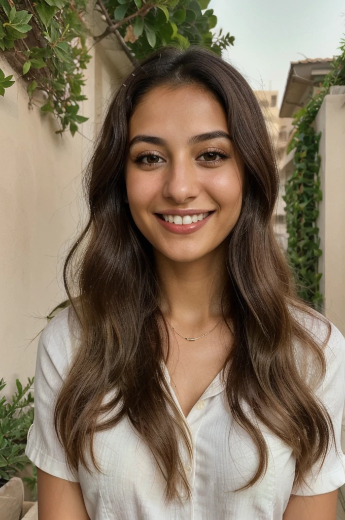 24YO, one attractive Jordanian women, cute smile, white teethes, green shirt, light brown eyes, small nose, black/brown long hair