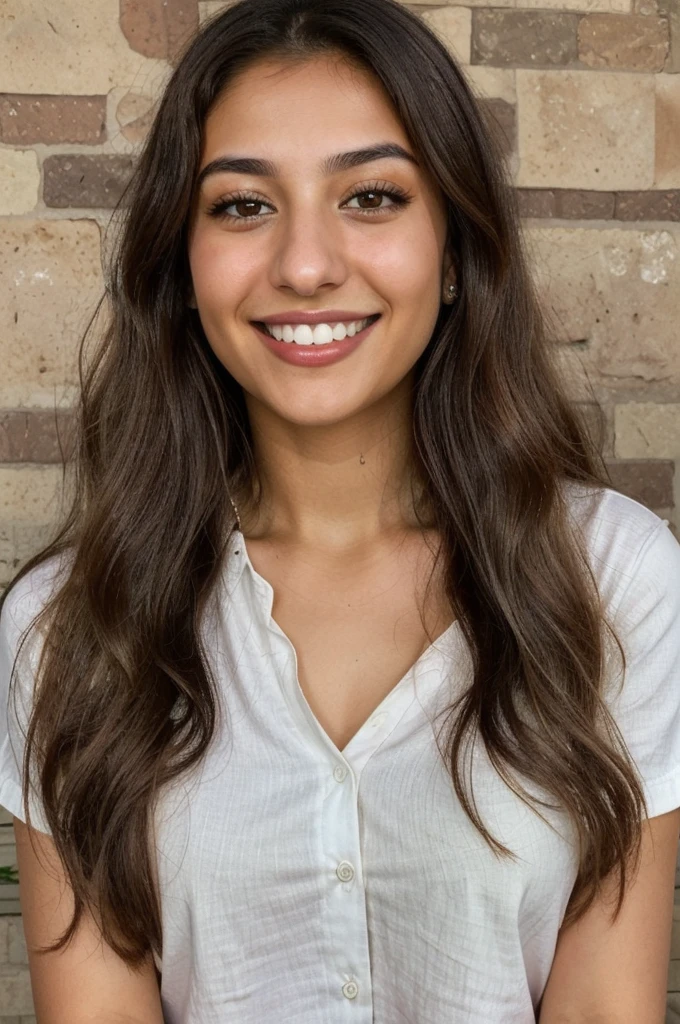 24YO, one attractive Jordanian women, cute smile, white teethes, green shirt, light brown eyes, small nose, black/brown long hair