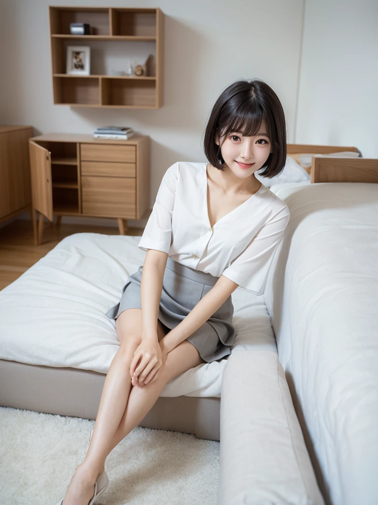 (Highest quality、masterpiece:1.9)、((Neat and clean female college student、1 person))、Soft lighting by a professional photographer、Natural light、((Very spacious white luxurious room:1.6))、((Bright white room:1.6))、(Sitting on a very luxurious white bed:1.2)、(White Bookcase:1.1)、Natural soft light、((Black Hair:1.1))、Fair skin、Detailed Eyes、double eyelid、Slightly puffy cheeks、((Small Face:1.0))、((Check One Piece、Grey mini skirt、Please wear it with the chest open.:1.1))、(smile)、((Girly pose 1.8))、High resolution,、((Short Hair:1.2))、((Full Body Shot:1.2))、Live-action image quality、((Height: 150cm))、Hands in front、Hide your hands between your legs、(bangs:1.1)、