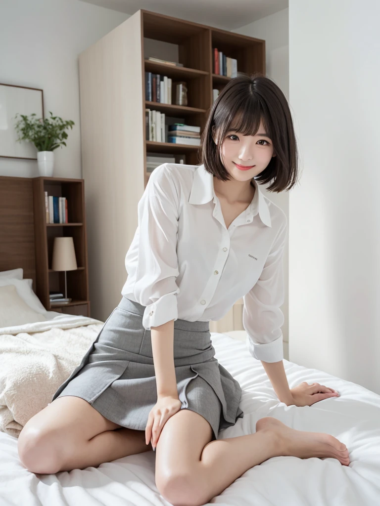 (Highest quality、masterpiece:1.9)、((Neat and clean female college student、1 person))、Soft lighting by a professional photographer、Natural light、((Very spacious white luxurious room:1.6))、((Bright white room:1.6))、(Sitting on a very luxurious white bed:1.2)、(White Bookcase:1.1)、Natural soft light、((Black Hair:1.1))、Fair skin、Detailed Eyes、double eyelid、Slightly puffy cheeks、((Small Face:1.0))、((Check One Piece、Grey mini skirt、Please wear it with the chest open.:1.1))、(smile)、((Girly pose 1.8))、High resolution,、((Short Hair:1.2))、((Full Body Shot:1.2))、Live-action image quality、((Height: 150cm))、Hands in front、Hide your hands between your legs、(bangs:1.1)、