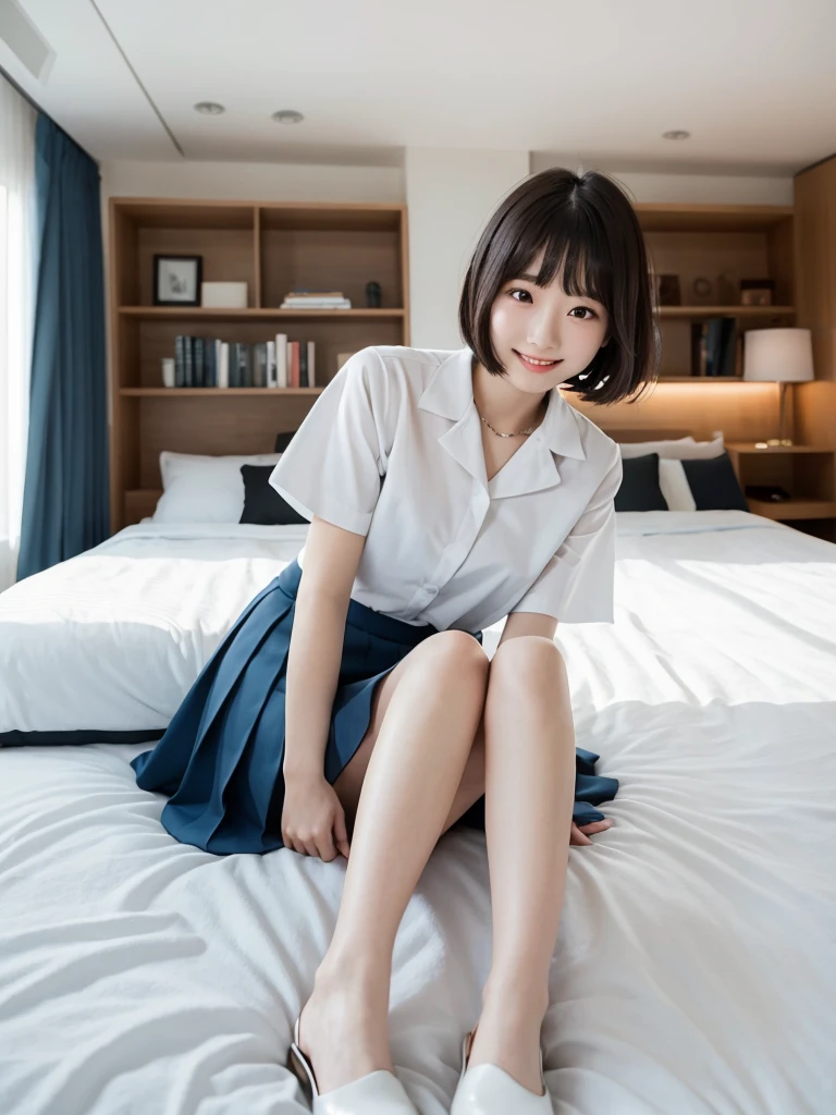 (Highest quality、masterpiece:1.9)、((Neat and clean female college student、1 person))、Soft lighting by a professional photographer、Natural light、((Very spacious white luxurious room:1.6))、((Bright white room:1.6))、(Sitting on a very luxurious white bed:1.2)、(White Bookcase:1.1)、Natural soft light、((Black Hair:1.1))、Fair skin、Detailed Eyes、double eyelid、Slightly puffy cheeks、((Small Face:1.0))、((Check One Piece、Grey mini skirt、Please wear it with the chest open.:1.1))、(smile)、((Girly pose 1.8))、High resolution,、((Short Hair:1.2))、((Full Body Shot:1.2))、Live-action image quality、((Height: 150cm))、Hands in front、Hide your hands between your legs、(bangs:1.1)、