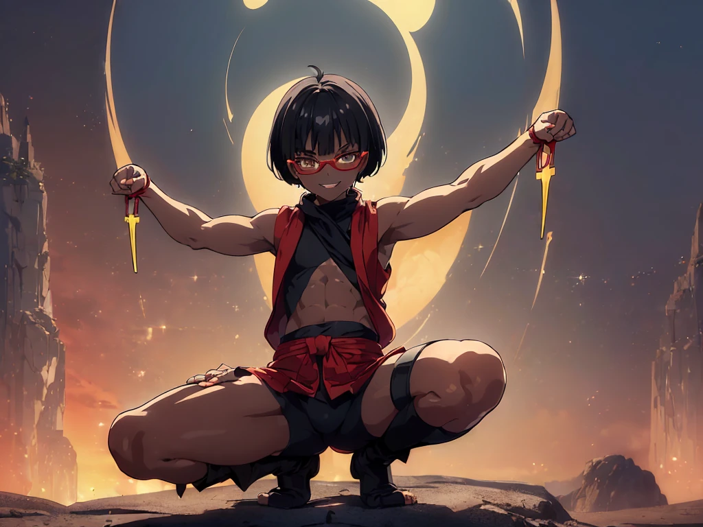 (flat chest), (masterpiece:1.2), highest quality, High resolution, unity 8k wallpaper, (fine and beautiful eyes:1.6), highly detailed face, perfect lighting, Detailed CG, (perfect hands, perfect anatomy), (1 boy solo:1.4), 20 years old, (black hair:1.3), extremely beautiful detailfeminine face and eyes, (evil smile:1.4), detailed eyes, best quality,(very dark skin:1.8), (turtleneck shirt under yukata:1.2), (bike shorts:1.2), extremely detailed, very precise detailed, (glasses:1.3), blunt bangs, open mouth, (very short pixie cut:1.2), boots,(fingerless gloves:1.2), smile, half closed eyes,long sidelocks,(long red Scarf),(yukata),(squatting),(acrobat pose:1.3),(squat:1.3),(one knee dwon:1.5),(put one foot in front:1.3) ,(index fingers up:1.7),(own hands clasped:1.7), spread legs,(arms up:1.5),(4 arms:1.8),asura