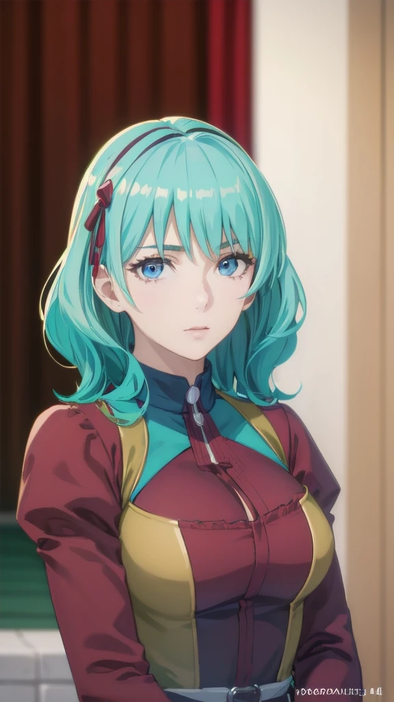 aqua hair, medium hair, blue eyes,photorealistic, (4k), (upper body), depth of field, (Masterpiece), (realistic skin texture), highly detailed, intricate, highly detailed, (upper body), professional photography, cover-up, bokeh, high resolution, sharp details, best quality,full body,((red dress))
