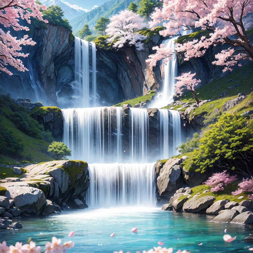 (((masterpiece、Highest quality、high resolution))),Beautiful waterfront:Waterfall and cherry blossoms、