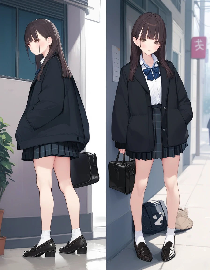 score_9,score_8_up,score_7_up,score_6_up,score_5_up,hd5,hadrian, 1girl, ama_mitsuki, underwear, panties, skirt, long hair, multiple views, jacket, bow, pleated skirt, bra, shoes, bangs, socks, hands in pockets, pantyshot, bag, bowtie, black hair, standing, from below, miniskirt,  brown eyes, ass, black footwear, loafers, shirt, breasts, school uniform, blunt bangs, coat, striped, full body, bare legs, black jacket, blue bow, plaid, long sleeves, blush, dated, black skirt, looking at viewer, white shirt, collared shirt, brown hair, blue bowtie, sweater, thighs,