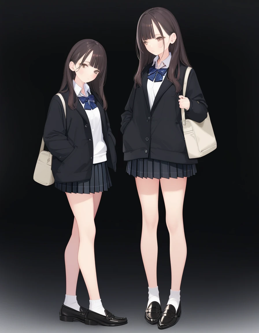 score_9,score_8_up,score_7_up,score_6_up,score_5_up,hd5,hadrian, 1girl, ama_mitsuki, underwear, panties, skirt, long hair, multiple views, jacket, bow, pleated skirt, bra, shoes, bangs, socks, hands in pockets, pantyshot, bag, bowtie, black hair, standing, from below, miniskirt, brown eyes, ass, black footwear, loafers, shirt, breasts, school uniform, blunt bangs, coat, striped, full body, bare legs, black jacket, blue bow, plaid, long sleeves, blush, dated, black skirt, looking at viewer, white shirt, collared shirt, brown hair, blue bowtie, sweater, thighs,