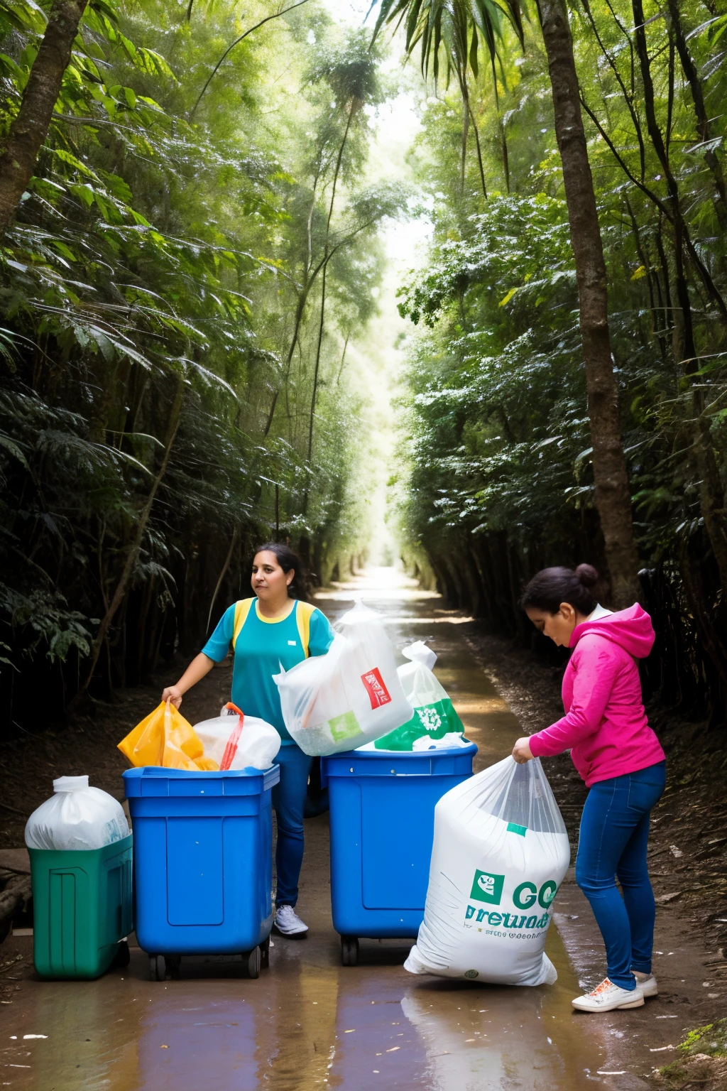 Personas en la selva reciclando basura