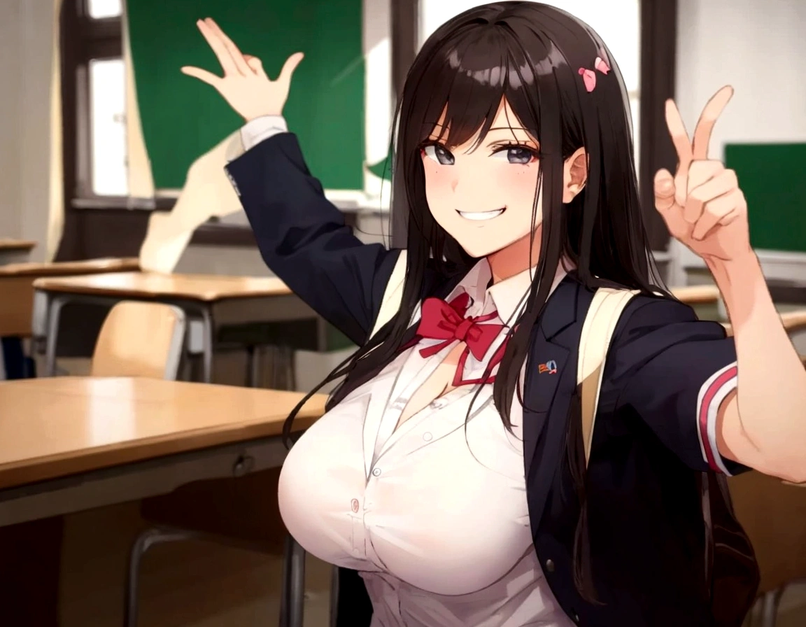 high school girl、Dressed in high 、School classroom、(Big Breasts)、Grinning face、((solo))、smirk