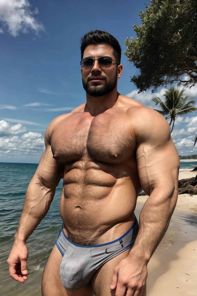 Ultra wide angle,Medium shot of two handsome guys,plump breasts,Swelling of chest muscles,Full chest muscles,Swelling of chest muscles,Sweating,Skin is moisturized and shiny,(face slimming),Small head,short hair,beard,Sexy and charming expression,Gloomy eyes,blue eyes,Naughty and cool,Handsome and cool guy, (Topless), ultra thin pantyhose,Big bag highlights,(Full chest muscles),(breast muscle swelling),Chest and belly hair,Topless,Skin smooth and hydrated,fiery, Super Sexy, Behind him is the sea, standing on a sandy beach by the ocean,There are flying fish and dolphins in the water,of a Topless, member, Very sexy,Blue sky and white clouds, member, Looks hot, intense smoldering, Attractive and good looking, 30 years old, Attractive man, Sexy masculine, 8k Reality, Ultra-detailed photos, Bulger j8,Perfect hand details,Perfect facial details