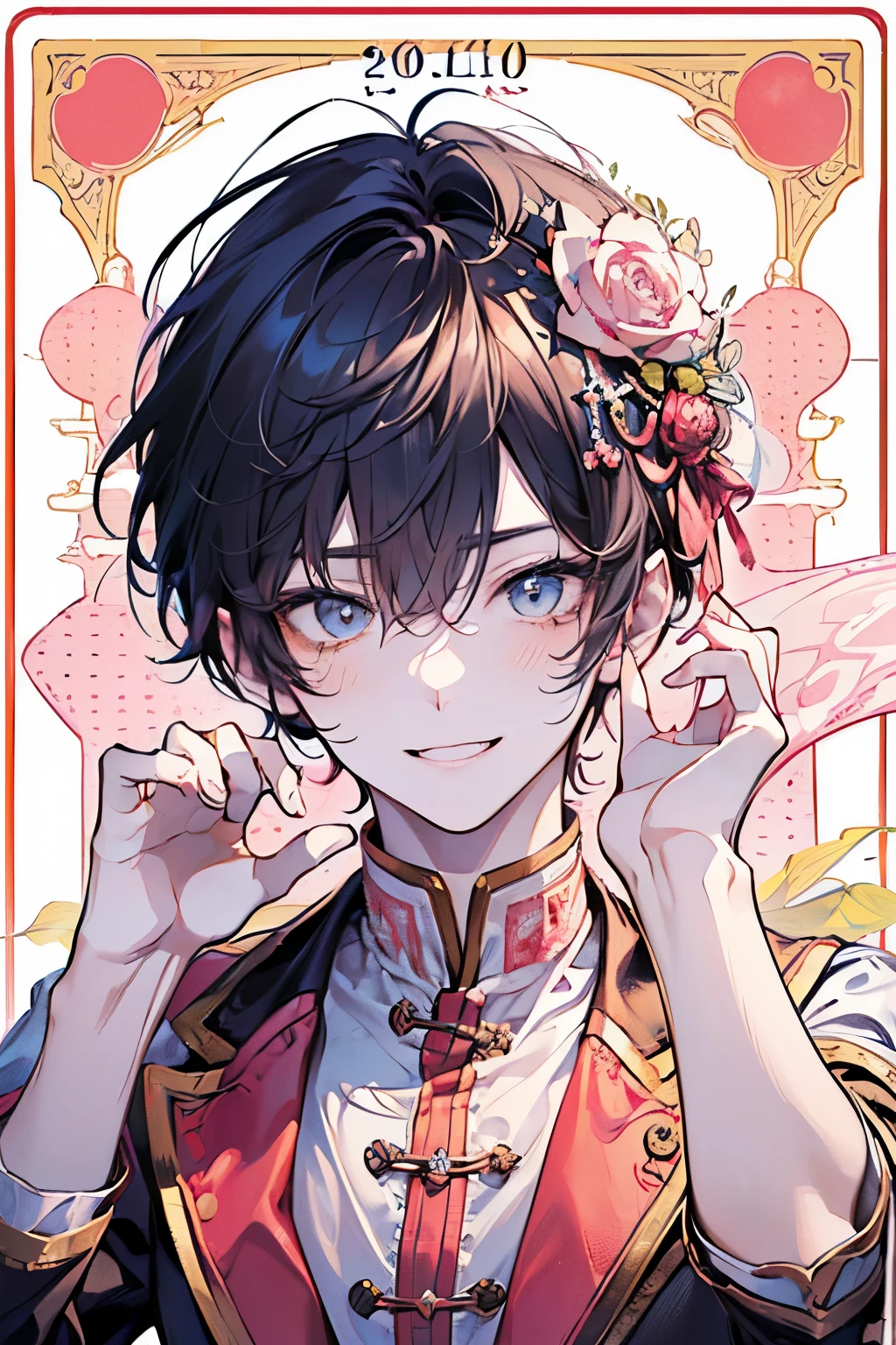 ((man around 20 years old:1.3)),((It's a Small World:1.3)),Prince style from the fairy tale world,alice in wonderland,cheshire cat,close up of face,(polka dot background:1.2),red、white、pink、yellow,(look up:1.15),(blush、Full of energy),((arm up pose:1.35)),((Top view:1.2)),(A big smile:1.1)